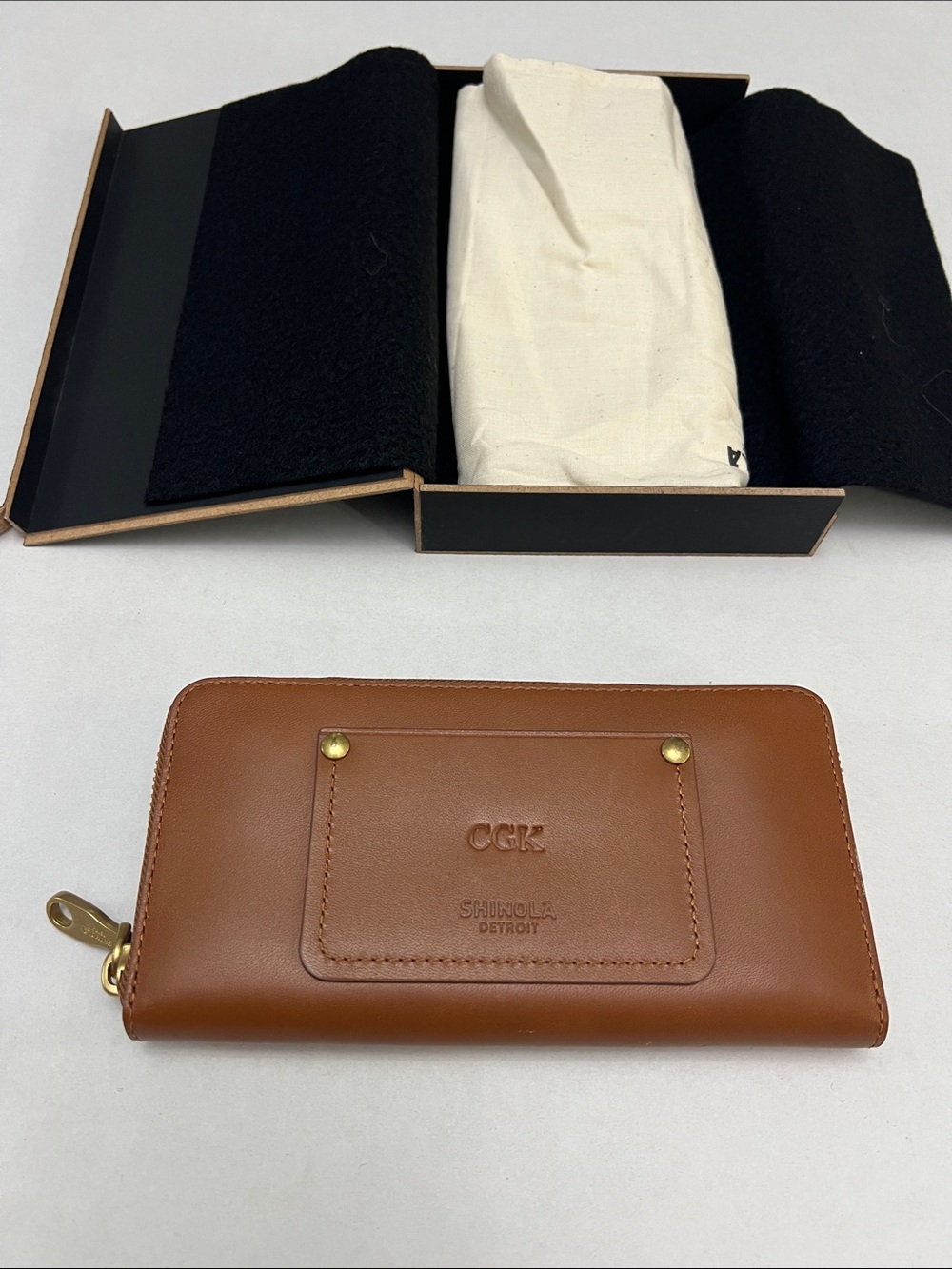 Shinola Detroit Luxury Cognac Leather Zip Around Wallet (Monogrammed CGK)